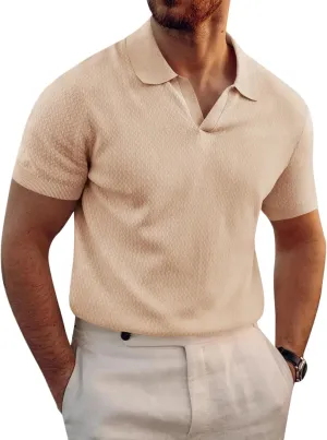 Runcati Mens Knitted Polo Shirt Muscle Short Sleeve V Neck Stretch Casual Slim Fit Vintage Ribbed Golf T-Shirt