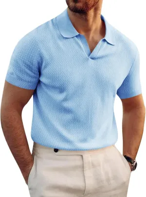 Runcati Mens Knitted Polo Shirt Muscle Short Sleeve V Neck Stretch Casual Slim Fit Vintage Ribbed Golf T-Shirt
