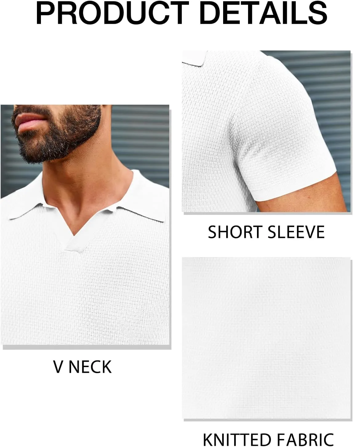 Runcati Mens Knitted Polo Shirt Muscle Short Sleeve V Neck Stretch Casual Slim Fit Vintage Ribbed Golf T-Shirt