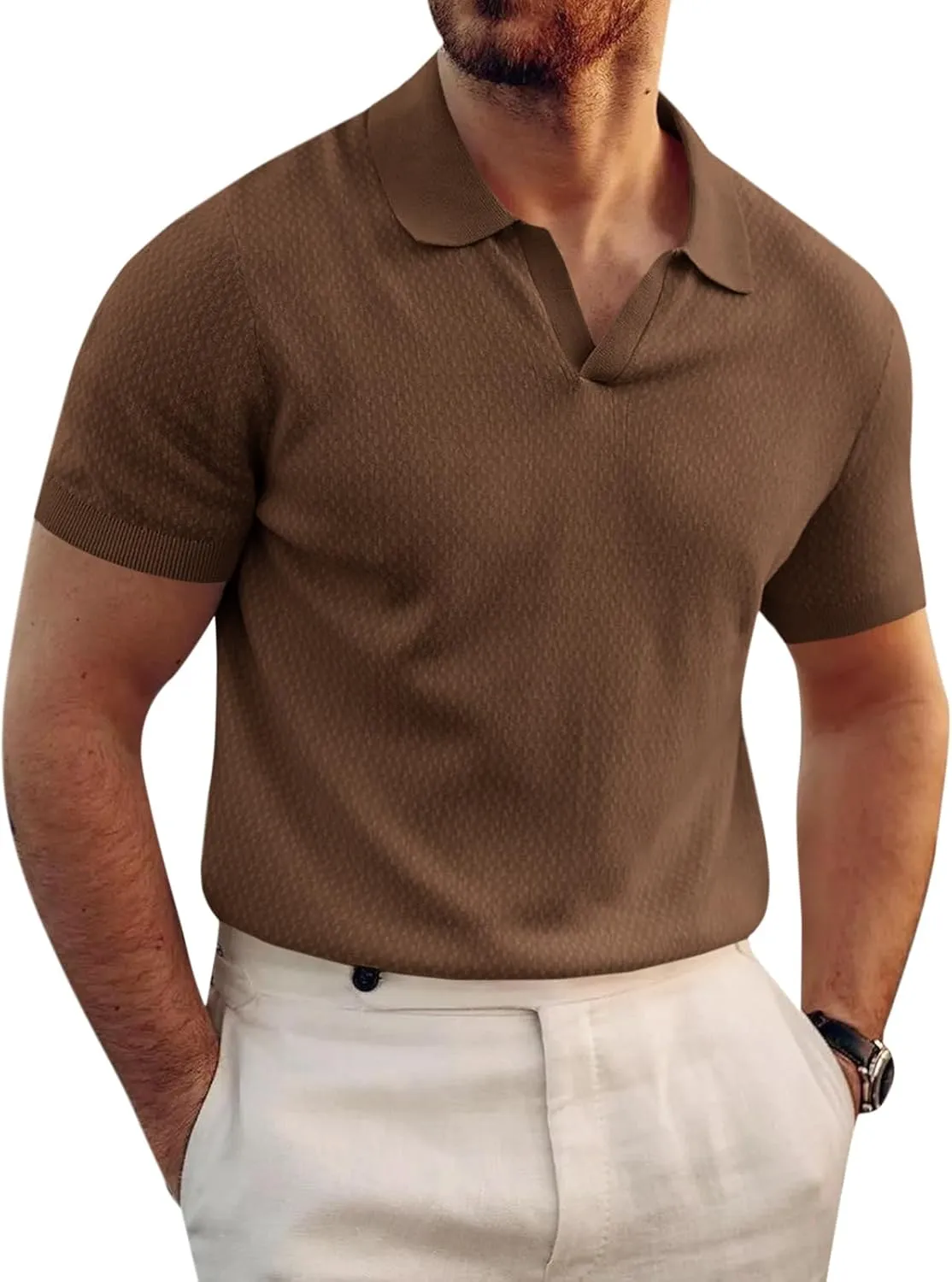 Runcati Mens Knitted Polo Shirt Muscle Short Sleeve V Neck Stretch Casual Slim Fit Vintage Ribbed Golf T-Shirt