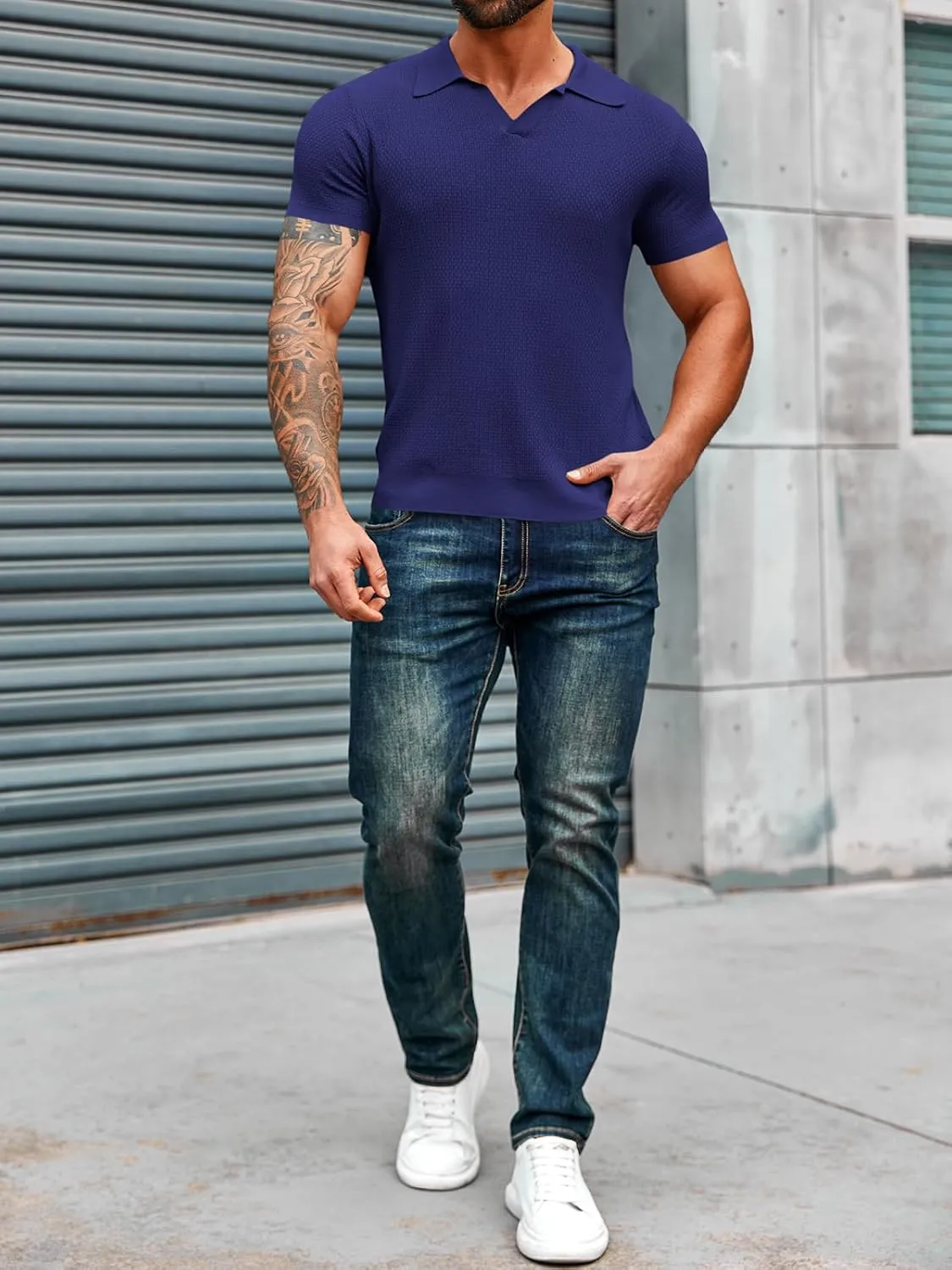 Runcati Mens Knitted Polo Shirt Muscle Short Sleeve V Neck Stretch Casual Slim Fit Vintage Ribbed Golf T-Shirt