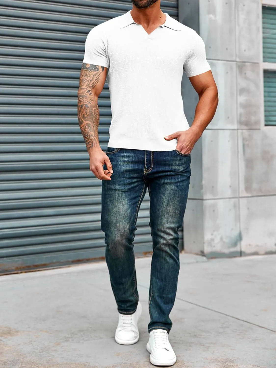 Runcati Mens Knitted Polo Shirt Muscle Short Sleeve V Neck Stretch Casual Slim Fit Vintage Ribbed Golf T-Shirt