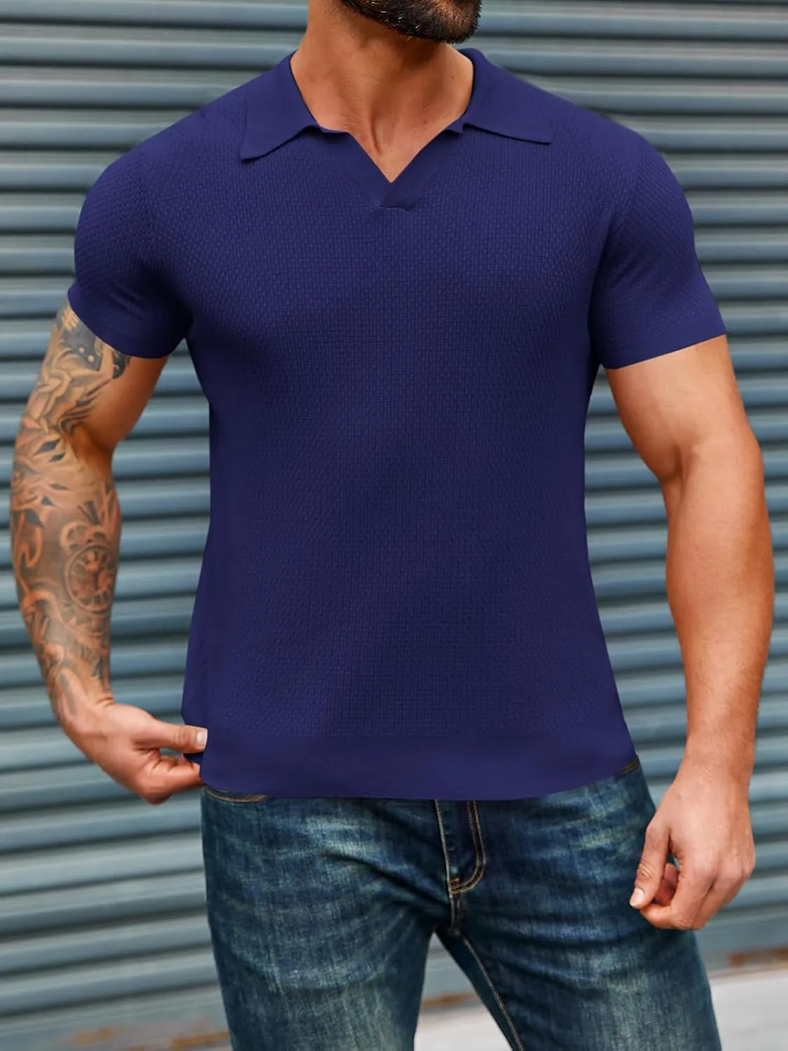 Runcati Mens Knitted Polo Shirt Muscle Short Sleeve V Neck Stretch Casual Slim Fit Vintage Ribbed Golf T-Shirt