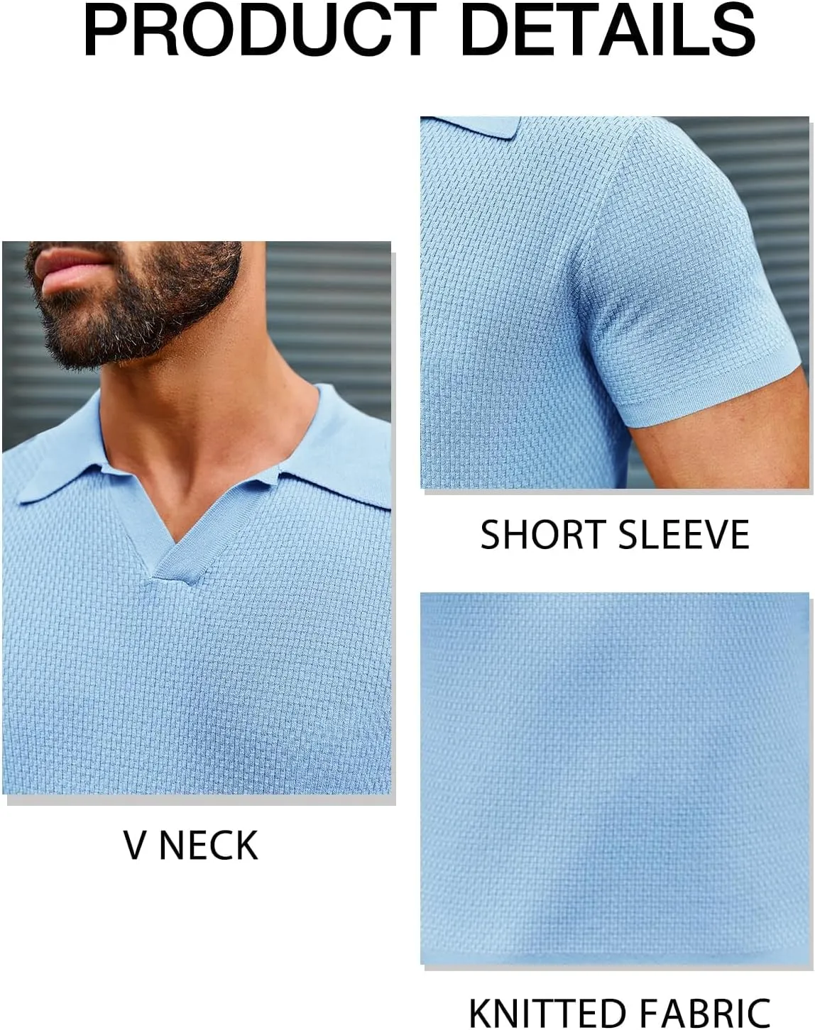 Runcati Mens Knitted Polo Shirt Muscle Short Sleeve V Neck Stretch Casual Slim Fit Vintage Ribbed Golf T-Shirt