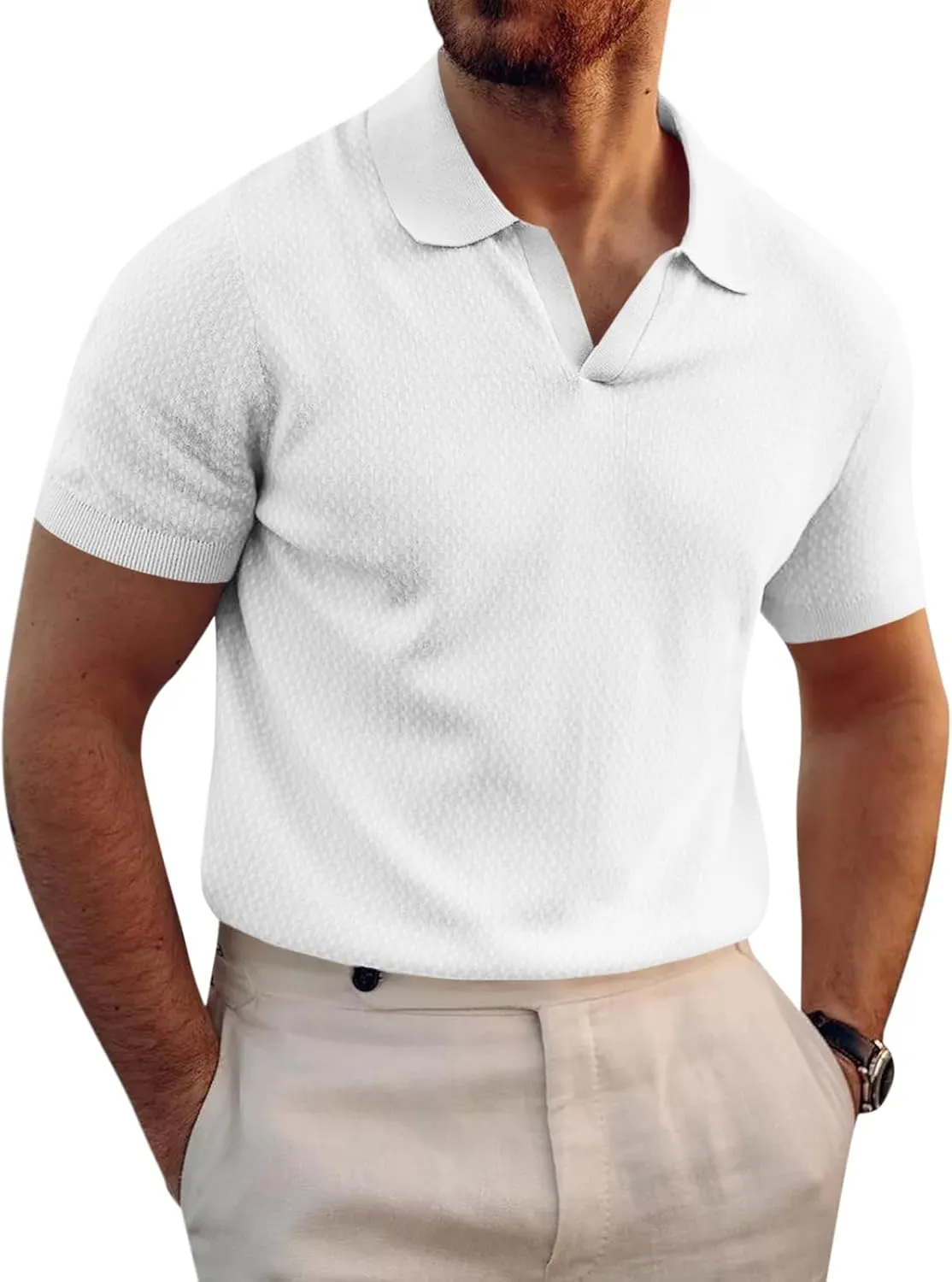 Runcati Mens Knitted Polo Shirt Muscle Short Sleeve V Neck Stretch Casual Slim Fit Vintage Ribbed Golf T-Shirt
