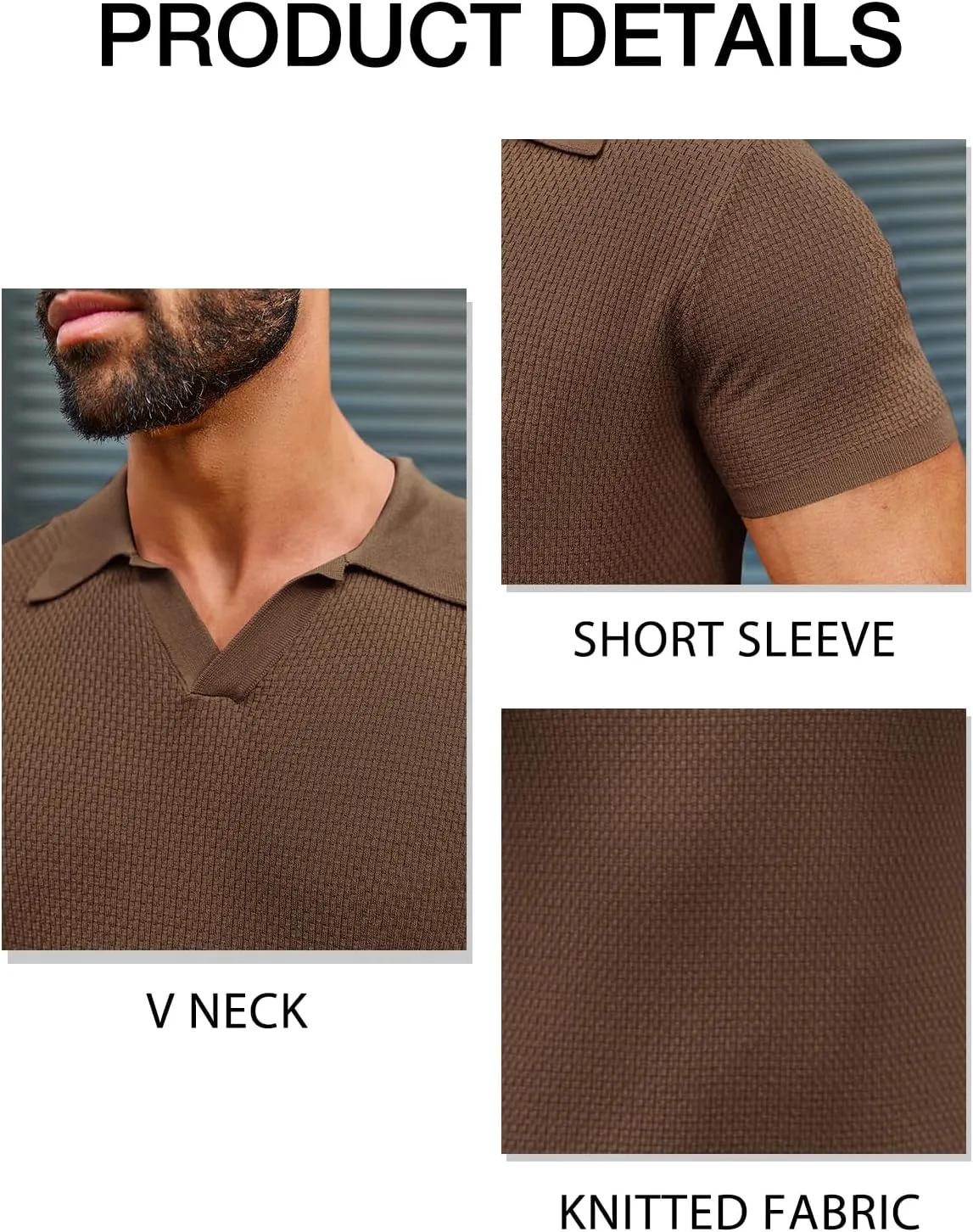 Runcati Mens Knitted Polo Shirt Muscle Short Sleeve V Neck Stretch Casual Slim Fit Vintage Ribbed Golf T-Shirt