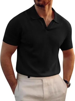 Runcati Mens Knitted Polo Shirt Muscle Short Sleeve V Neck Stretch Casual Slim Fit Vintage Ribbed Golf T-Shirt
