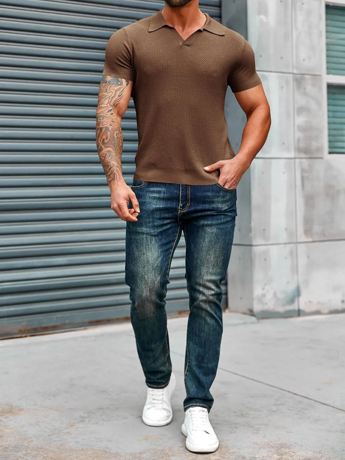 Runcati Mens Knitted Polo Shirt Muscle Short Sleeve V Neck Stretch Casual Slim Fit Vintage Ribbed Golf T-Shirt