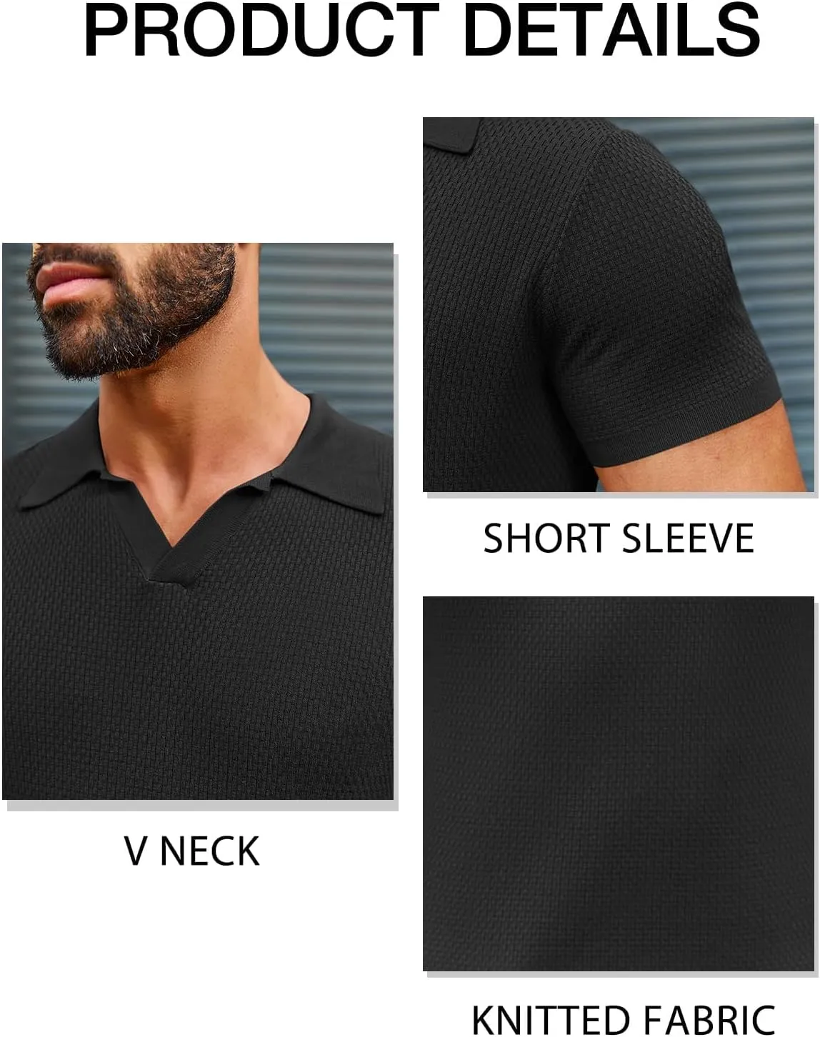Runcati Mens Knitted Polo Shirt Muscle Short Sleeve V Neck Stretch Casual Slim Fit Vintage Ribbed Golf T-Shirt