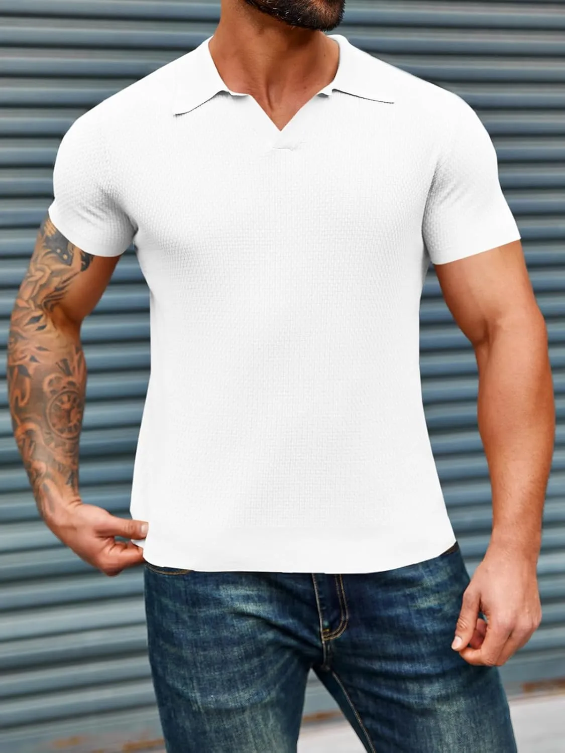 Runcati Mens Knitted Polo Shirt Muscle Short Sleeve V Neck Stretch Casual Slim Fit Vintage Ribbed Golf T-Shirt