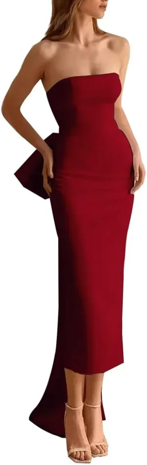 Satin Mermaid Bow Prom Dress Bodycon Wrap Cocktail Dress with Slit Strapless Bow Evening Dress with Detachable Train