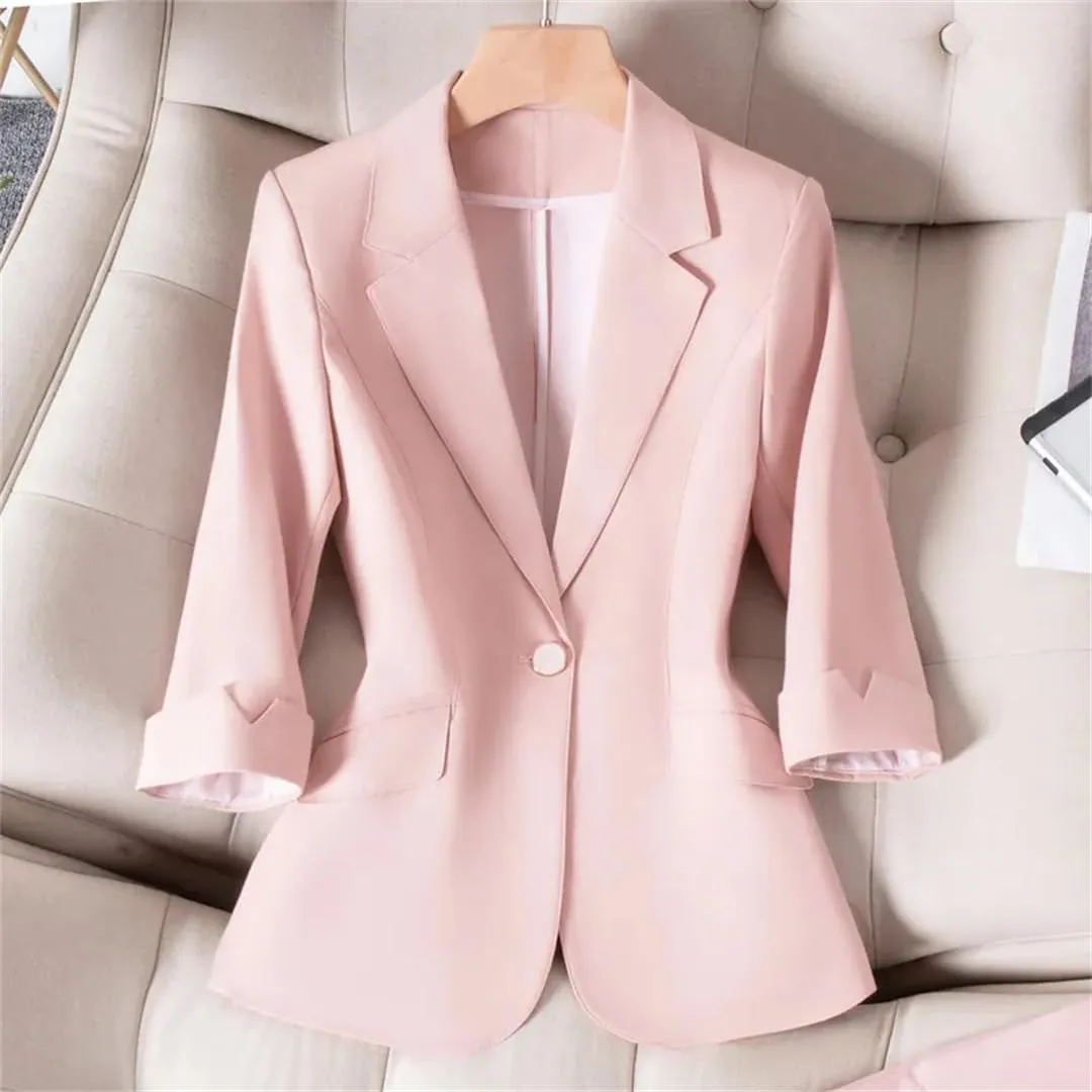 Spring Summer Women Suit Jacket OL Slim Elegant Single Button Blazer Coat