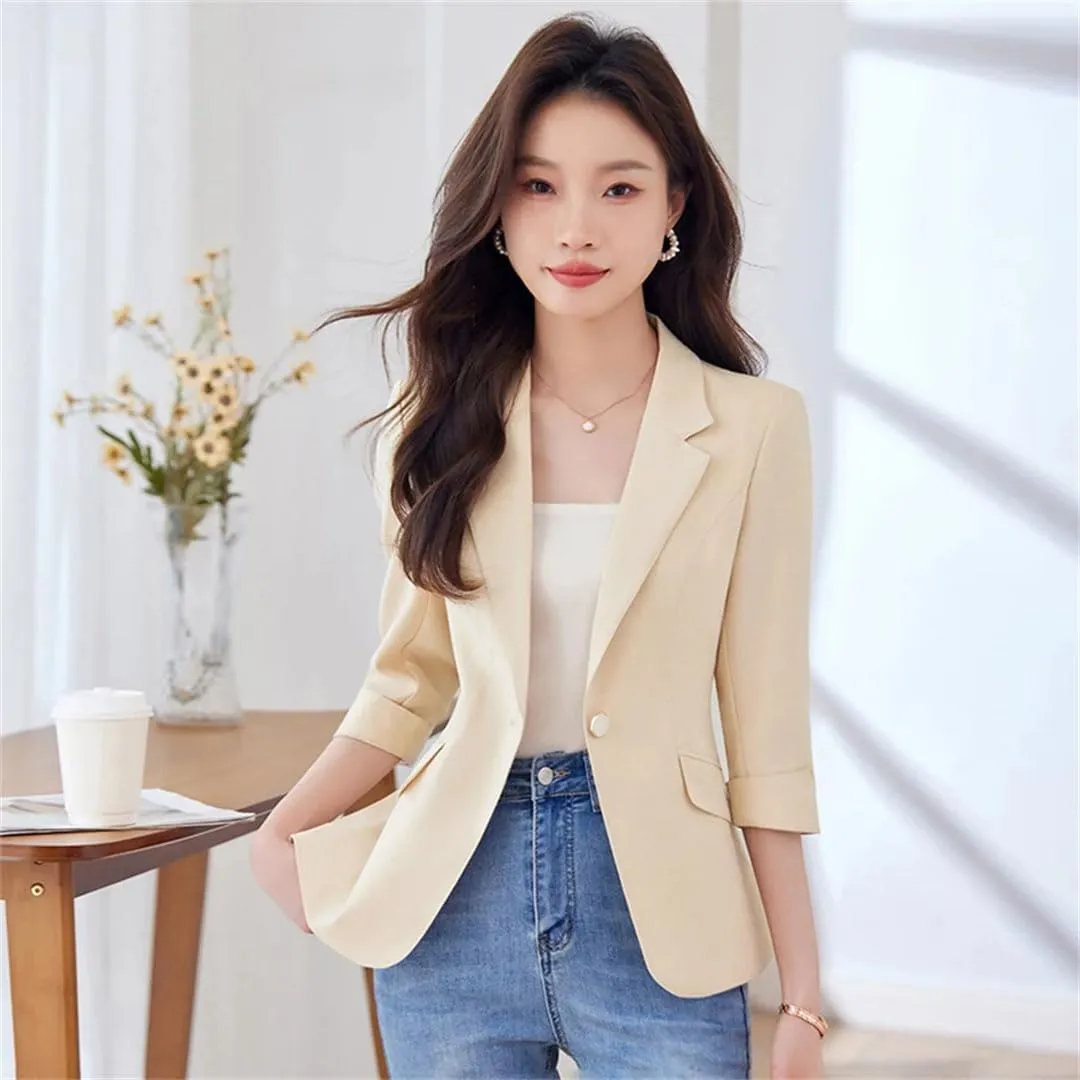 Spring Summer Women Suit Jacket OL Slim Elegant Single Button Blazer Coat