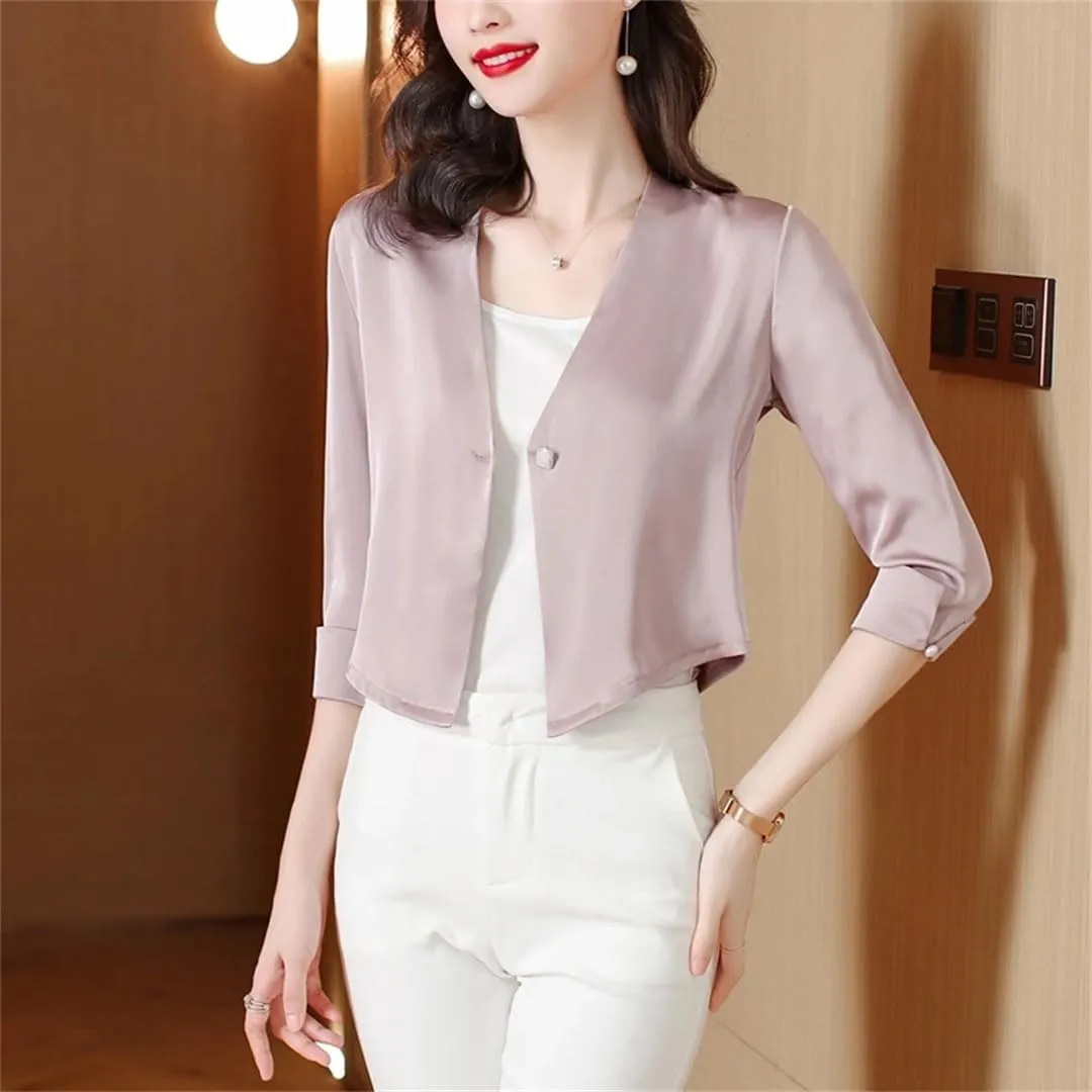 Spring Summer Women's One Button Satin Jacket Elegant Office Ladies Cropped Cardigan Coat