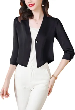 Spring Summer Women's One Button Satin Jacket Elegant Office Ladies Cropped Cardigan Coat