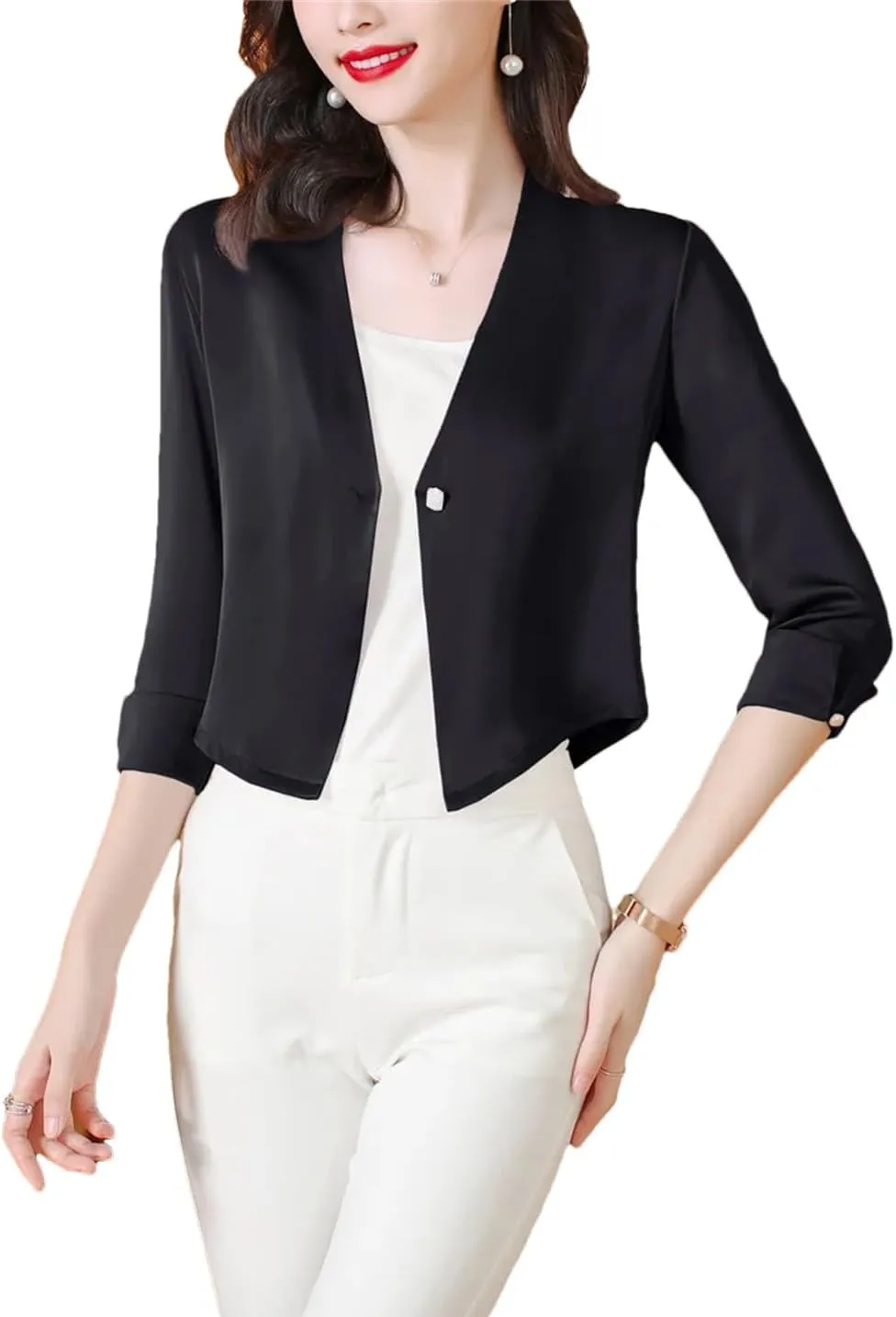 Spring Summer Women's One Button Satin Jacket Elegant Office Ladies Cropped Cardigan Coat