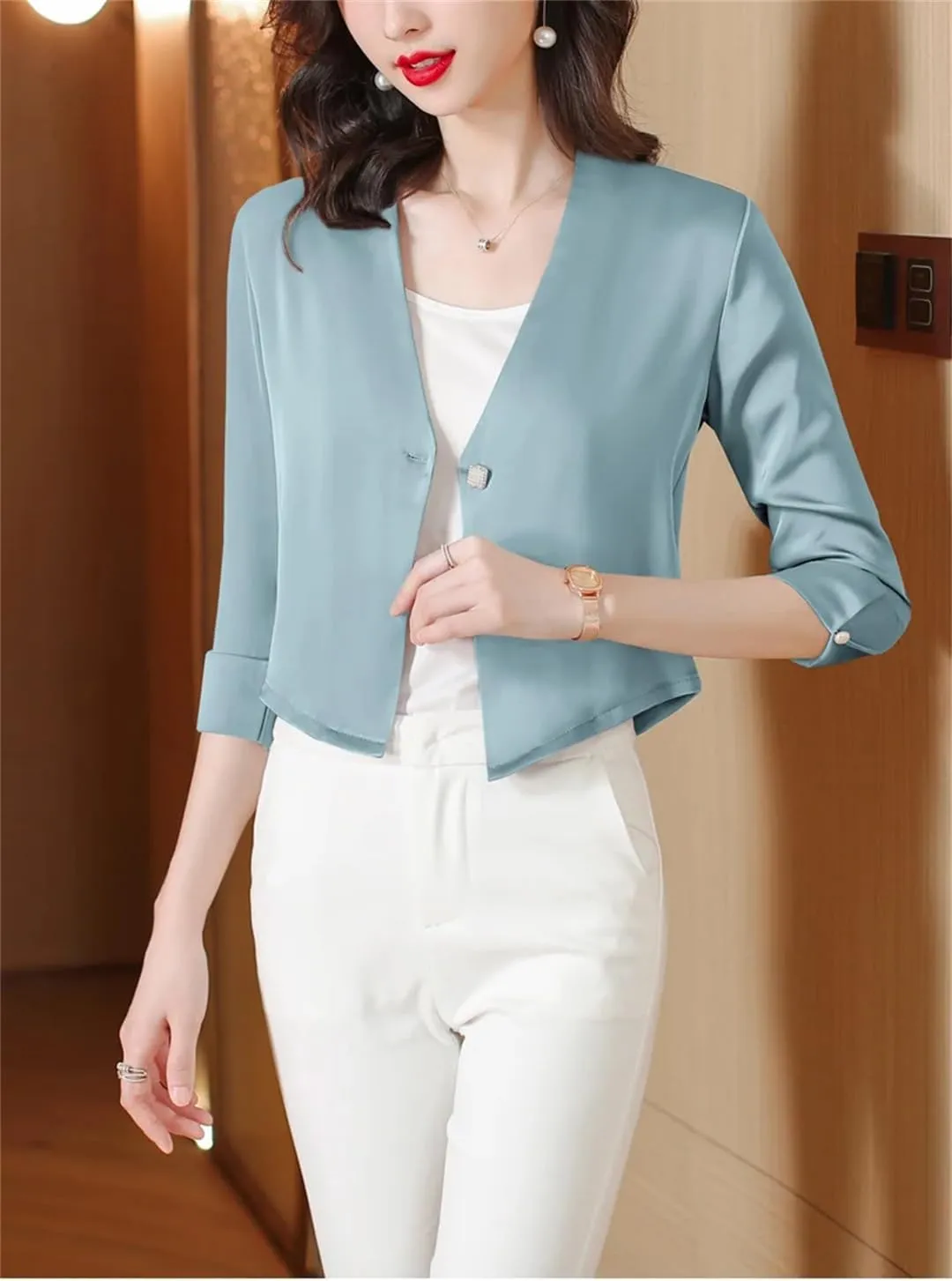 Spring Summer Women's One Button Satin Jacket Elegant Office Ladies Cropped Cardigan Coat