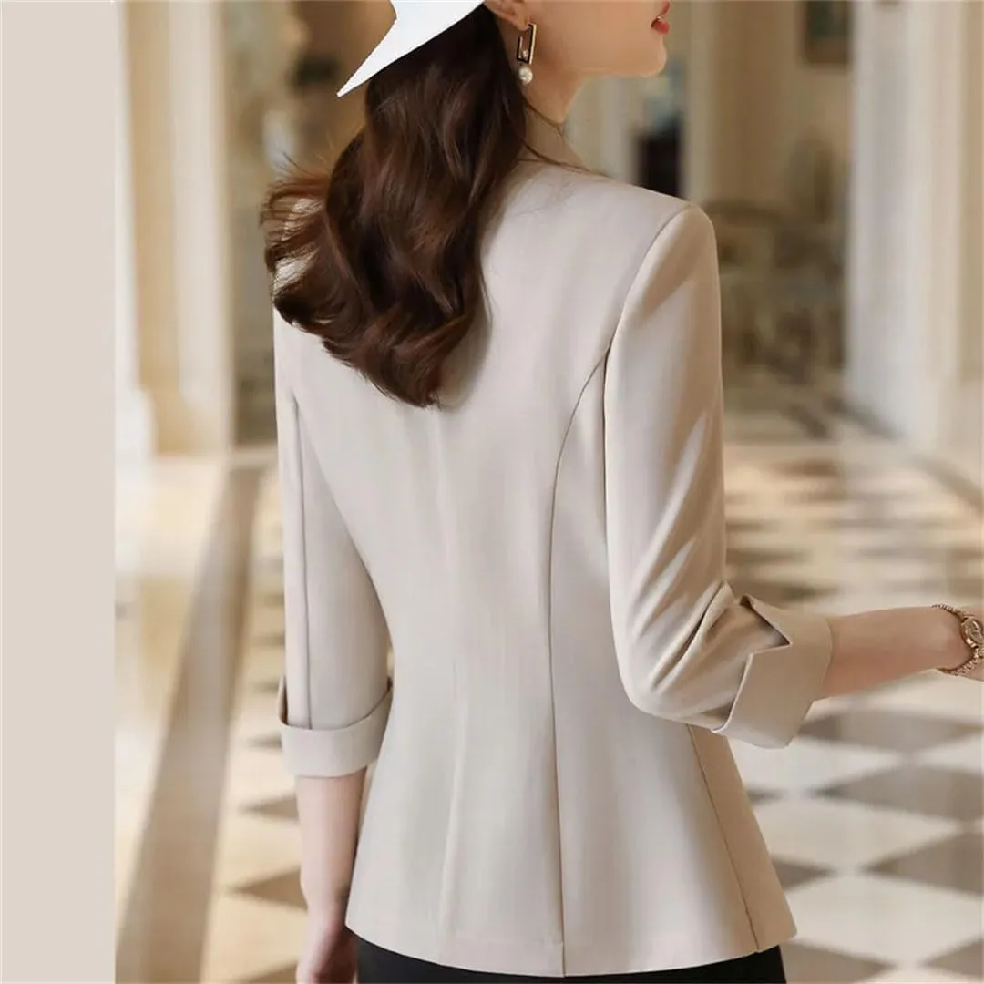 Spring Women Business Casual Single Button Blazer Jacket Office Lady Notched Neck Solid Half Sleeve Slim Suit Coat
