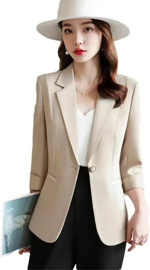 Spring Women Business Casual Single Button Blazer Jacket Office Lady Notched Neck Solid Half Sleeve Slim Suit Coat