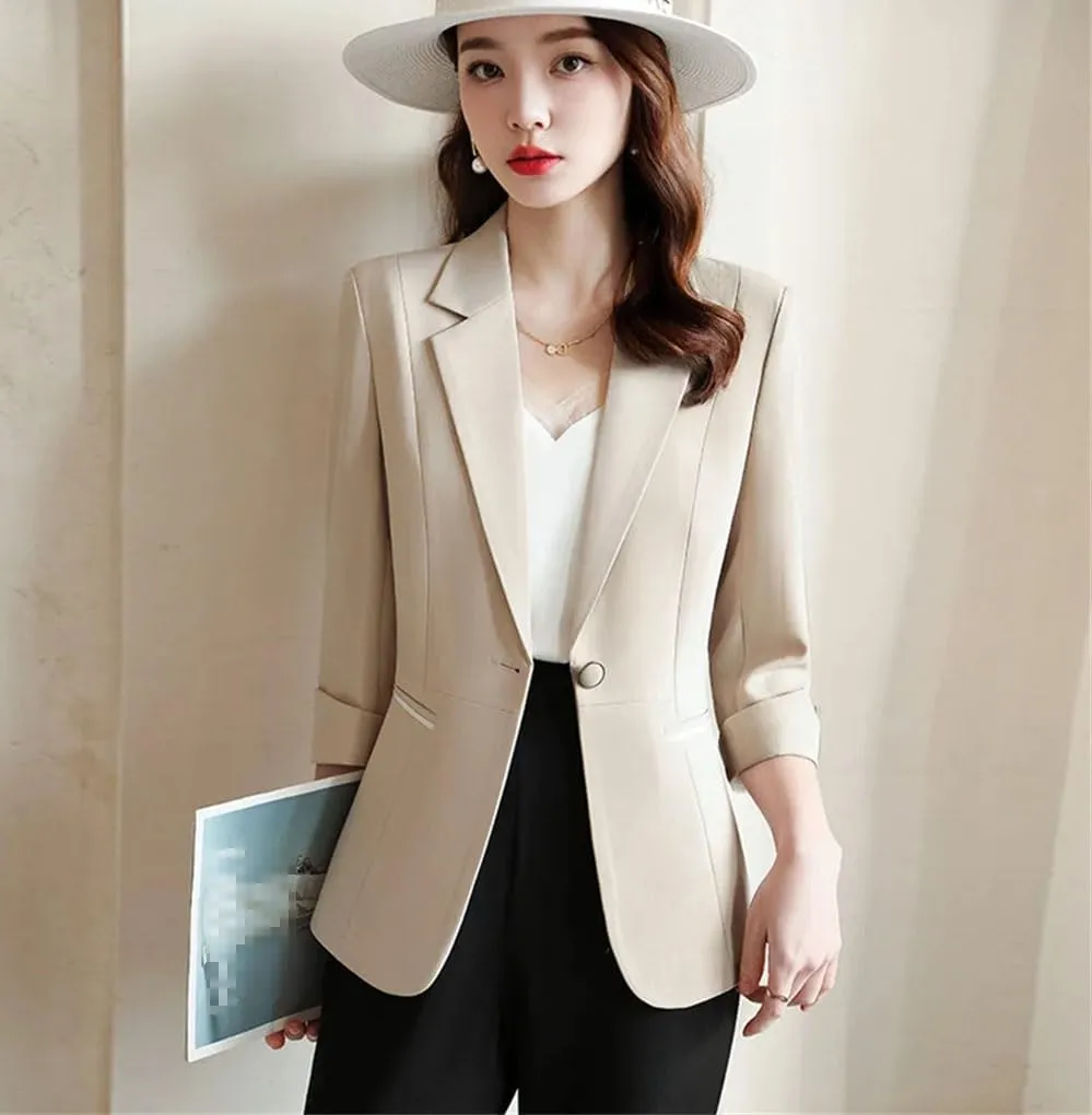 Spring Women Business Casual Single Button Blazer Jacket Office Lady Notched Neck Solid Half Sleeve Slim Suit Coat