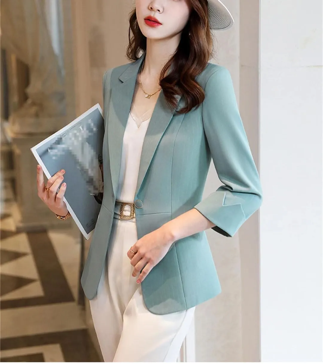 Spring Women Business Casual Single Button Blazer Jacket Office Lady Notched Neck Solid Half Sleeve Slim Suit Coat
