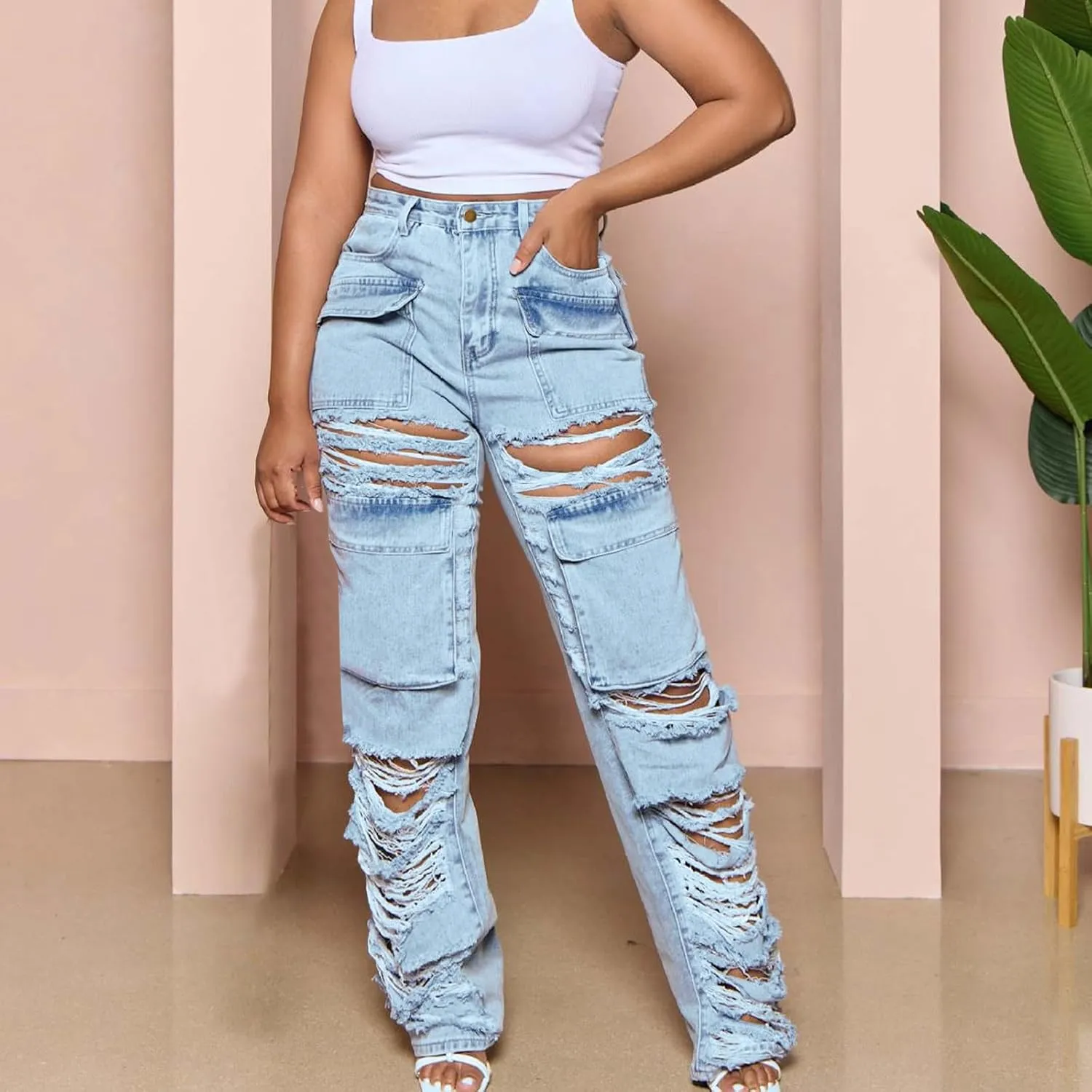 Straight Leg Jeans for Women Trendy Distressed Wide Leg Jeans Baggy Boyfriend Denim Pants Y2k Sexy Ripped Jeans
