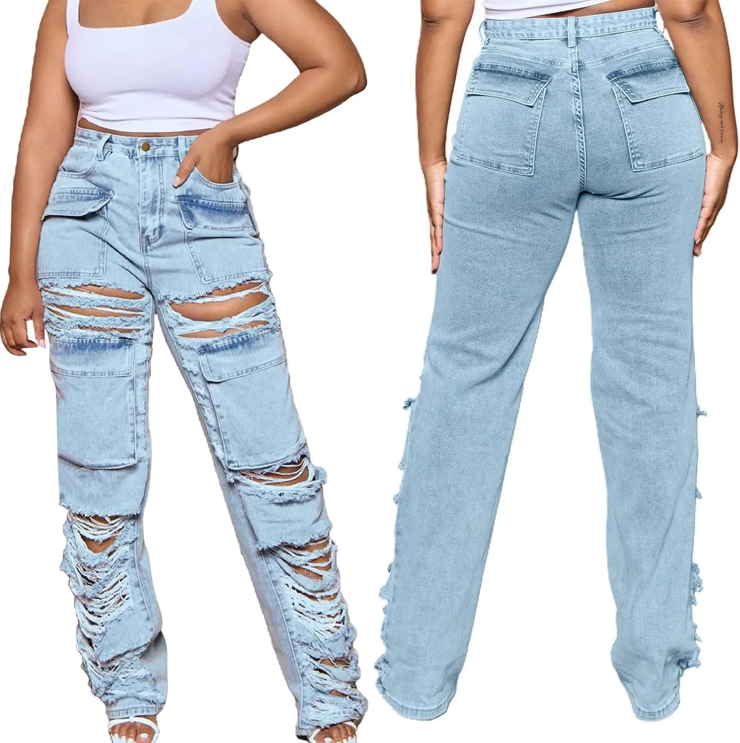 Straight Leg Jeans for Women Trendy Distressed Wide Leg Jeans Baggy Boyfriend Denim Pants Y2k Sexy Ripped Jeans