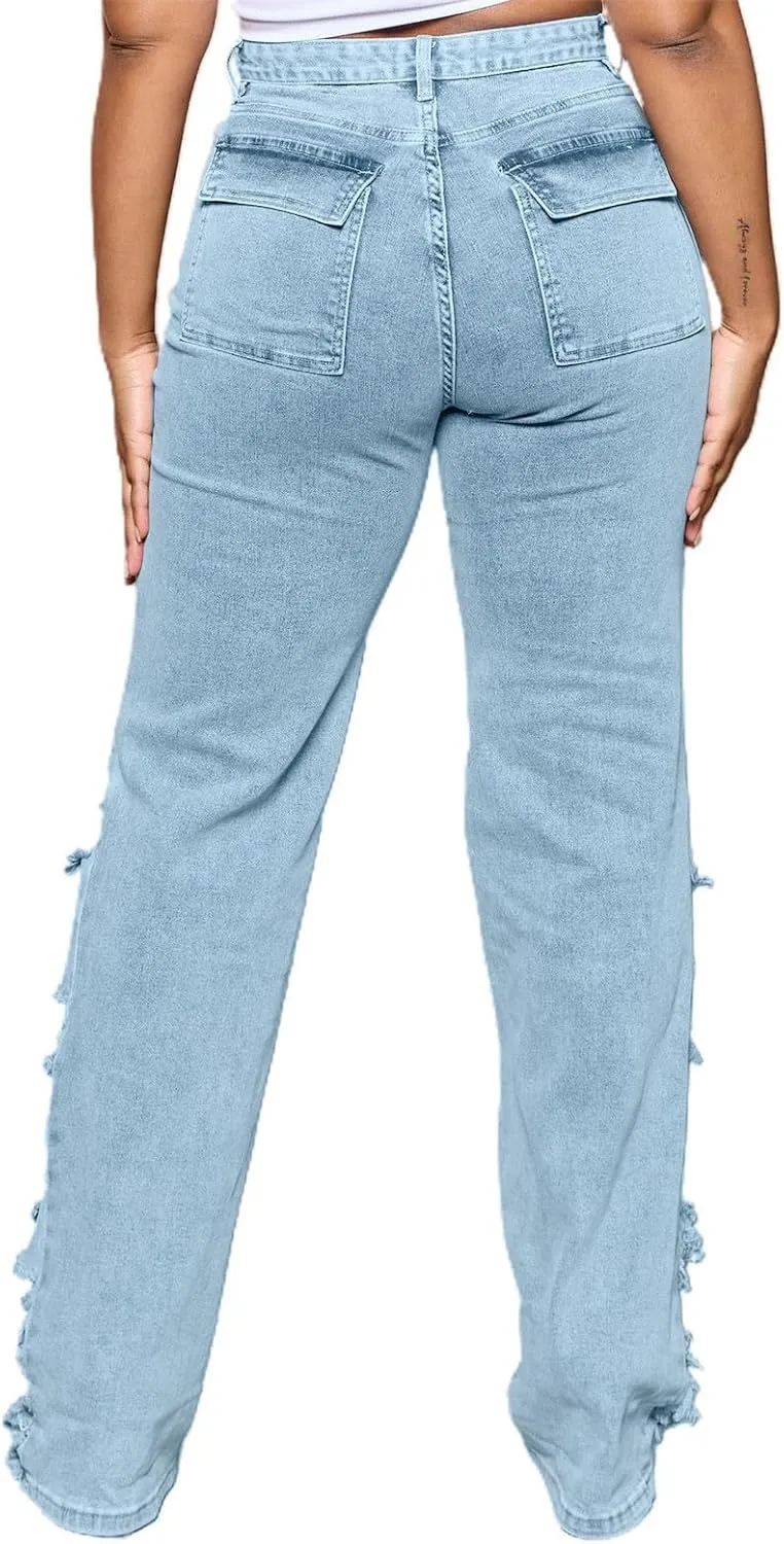 Straight Leg Jeans for Women Trendy Distressed Wide Leg Jeans Baggy Boyfriend Denim Pants Y2k Sexy Ripped Jeans