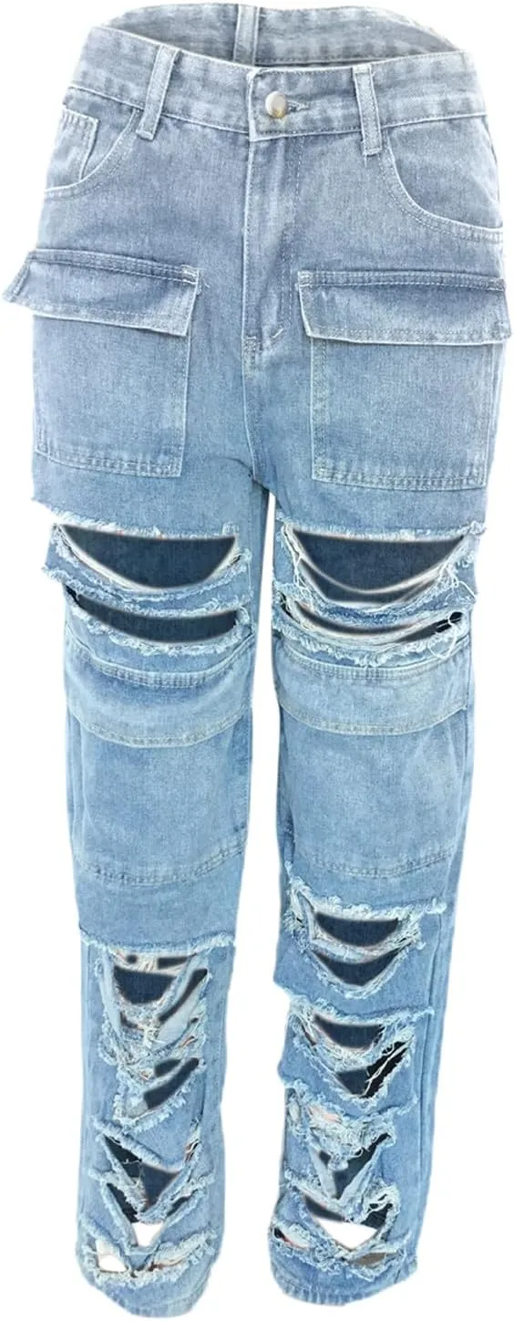 Straight Leg Jeans for Women Trendy Distressed Wide Leg Jeans Baggy Boyfriend Denim Pants Y2k Sexy Ripped Jeans