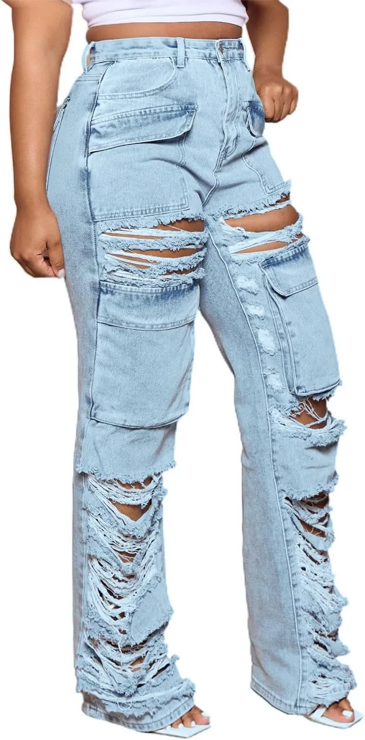 Straight Leg Jeans for Women Trendy Distressed Wide Leg Jeans Baggy Boyfriend Denim Pants Y2k Sexy Ripped Jeans