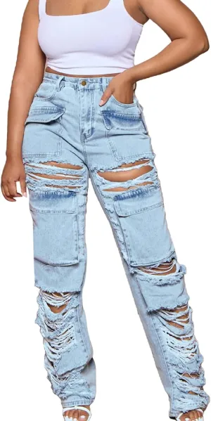 Straight Leg Jeans for Women Trendy Distressed Wide Leg Jeans Baggy Boyfriend Denim Pants Y2k Sexy Ripped Jeans