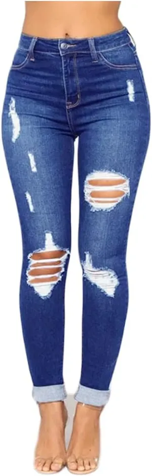 Stretch Jeans for Women Casual Drawstring High Waisted Jeans Straight Leg Pants Trendy Skinny Ripped Jeans