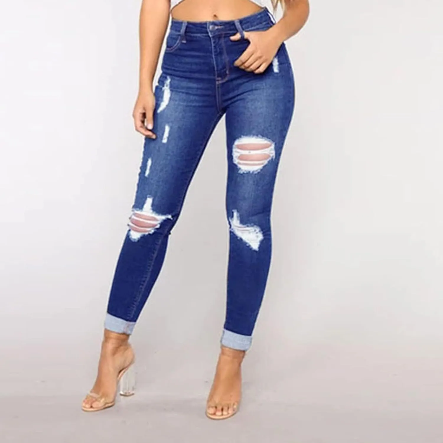 Stretch Jeans for Women Casual Drawstring High Waisted Jeans Straight Leg Pants Trendy Skinny Ripped Jeans