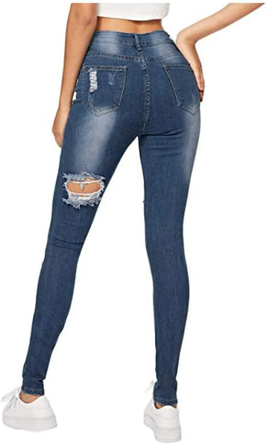 Stretch Jeans for Women Casual Drawstring High Waisted Jeans Straight Leg Pants Trendy Skinny Ripped Jeans