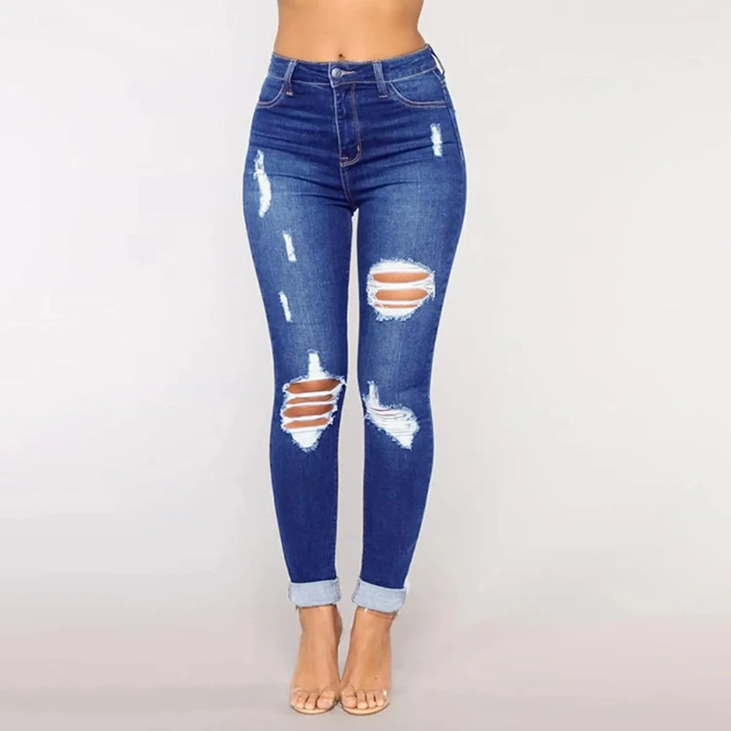 Stretch Jeans for Women Casual Drawstring High Waisted Jeans Straight Leg Pants Trendy Skinny Ripped Jeans