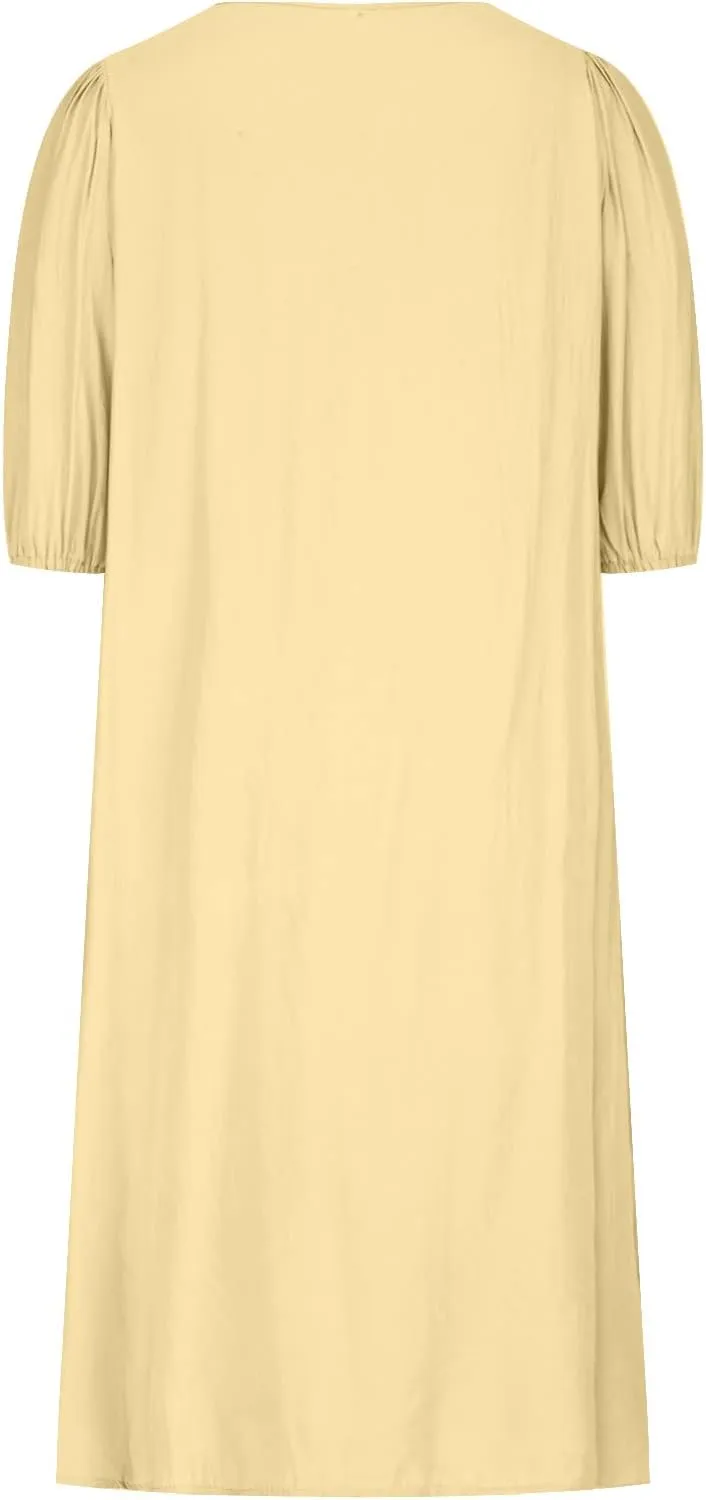 Summer Cotton Linen Dress for Ladies 2024 Womens Casual Midi Dress Half Sleeve Solid Tshirt Dress Fashion Boho Dress