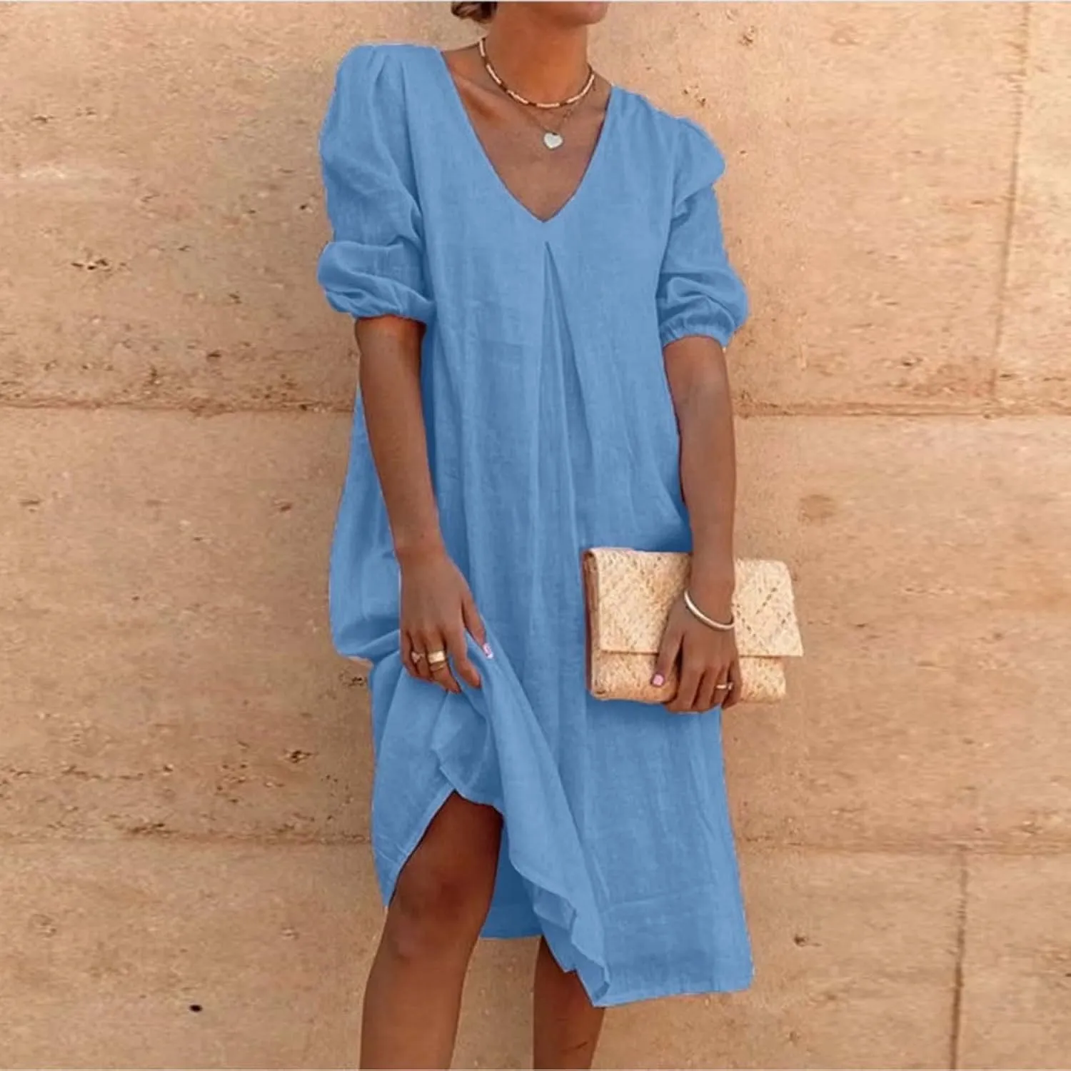 Summer Cotton Linen Dress for Ladies 2024 Womens Casual Midi Dress Half Sleeve Solid Tshirt Dress Fashion Boho Dress