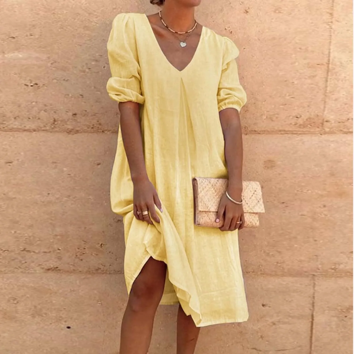 Summer Cotton Linen Dress for Ladies 2024 Womens Casual Midi Dress Half Sleeve Solid Tshirt Dress Fashion Boho Dress