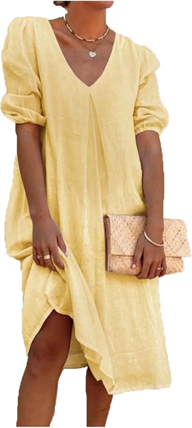 Summer Cotton Linen Dress for Ladies 2024 Womens Casual Midi Dress Half Sleeve Solid Tshirt Dress Fashion Boho Dress