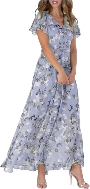 Summer Dresses for Women 2024 V Neck Ruffled Sleeve Flowy Fashion Boho Elegant Cocktail Elegant Maxi Dress S-2XL