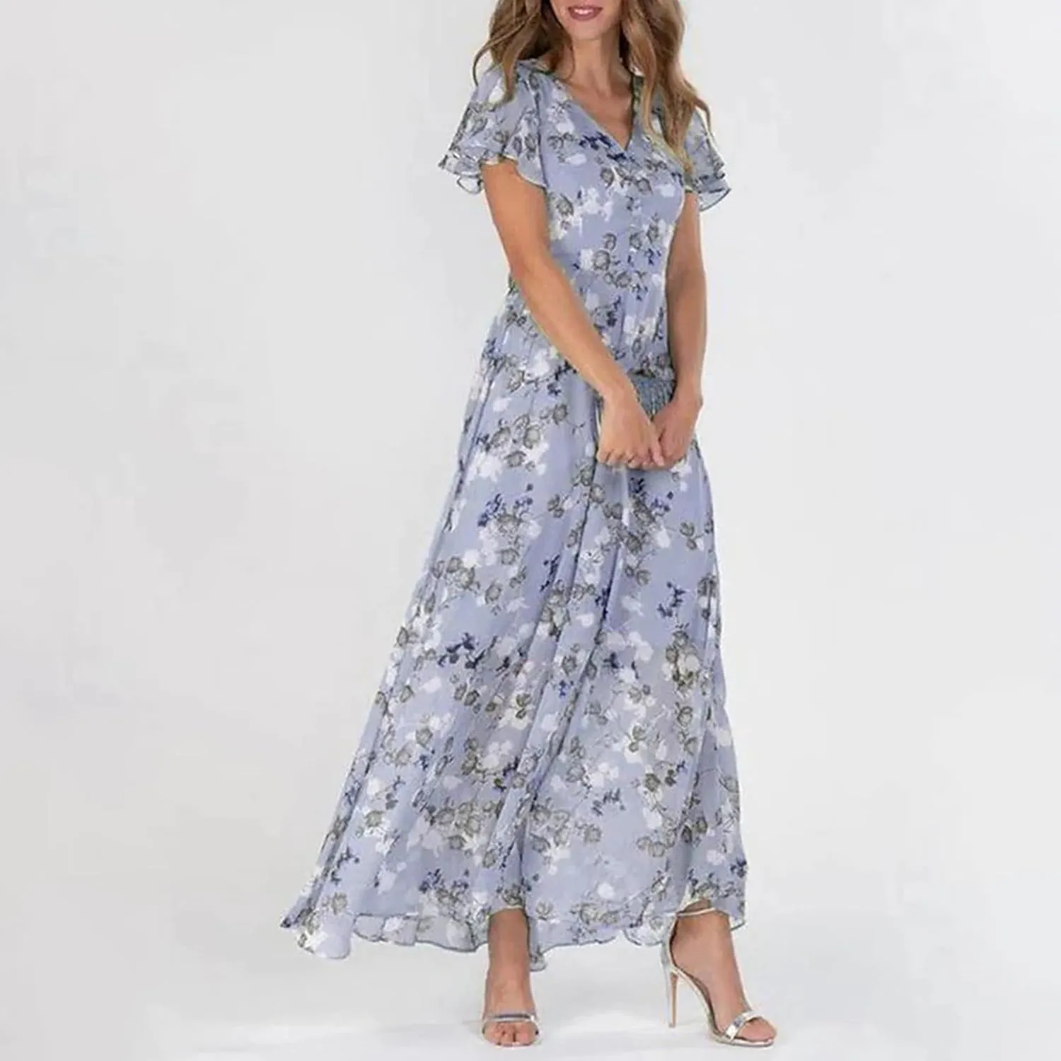 Summer Dresses for Women 2024 V Neck Ruffled Sleeve Flowy Fashion Boho Elegant Cocktail Elegant Maxi Dress S-2XL