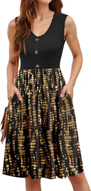 Summer Dresses for Women 2025 Loose Fit Beach Vacation Dress Printed V Neck Tank Dress Casual Sundress with Pockets