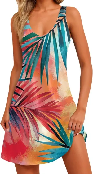 Summer Dresses for Women 2025 Sleeveless Sundress Loose V Neck Tank Dress Printed Beach Vacation Dress with Pockets
