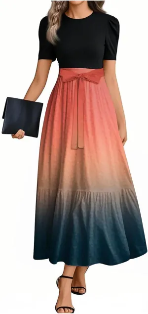 Summer Dresses for Women Floral Print Flowy Dress Patchwork Empire Waist Short Sleeve Dress Tie Belted Maxi Dress