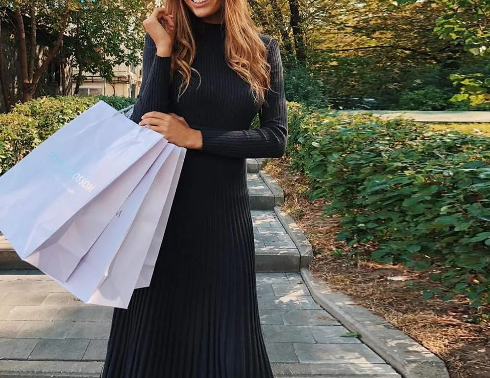 VERWIN Mid-Calf Pleated Dress Nine Points Sleeve Pullover Women's Maxi Dress Knit Dress Sweater Dress