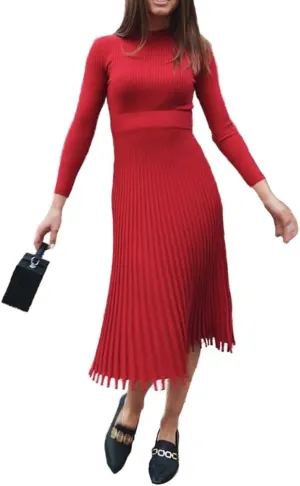 VERWIN Mid-Calf Pleated Dress Nine Points Sleeve Pullover Women's Maxi Dress Knit Dress Sweater Dress