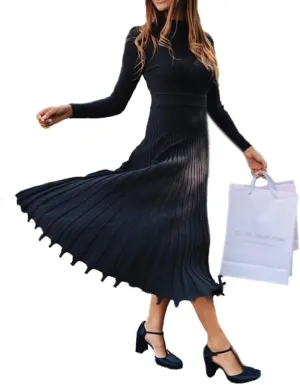 VERWIN Mid-Calf Pleated Dress Nine Points Sleeve Pullover Women's Maxi Dress Knit Dress Sweater Dress