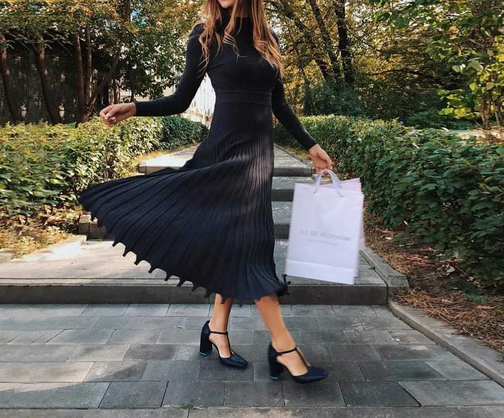 VERWIN Mid-Calf Pleated Dress Nine Points Sleeve Pullover Women's Maxi Dress Knit Dress Sweater Dress