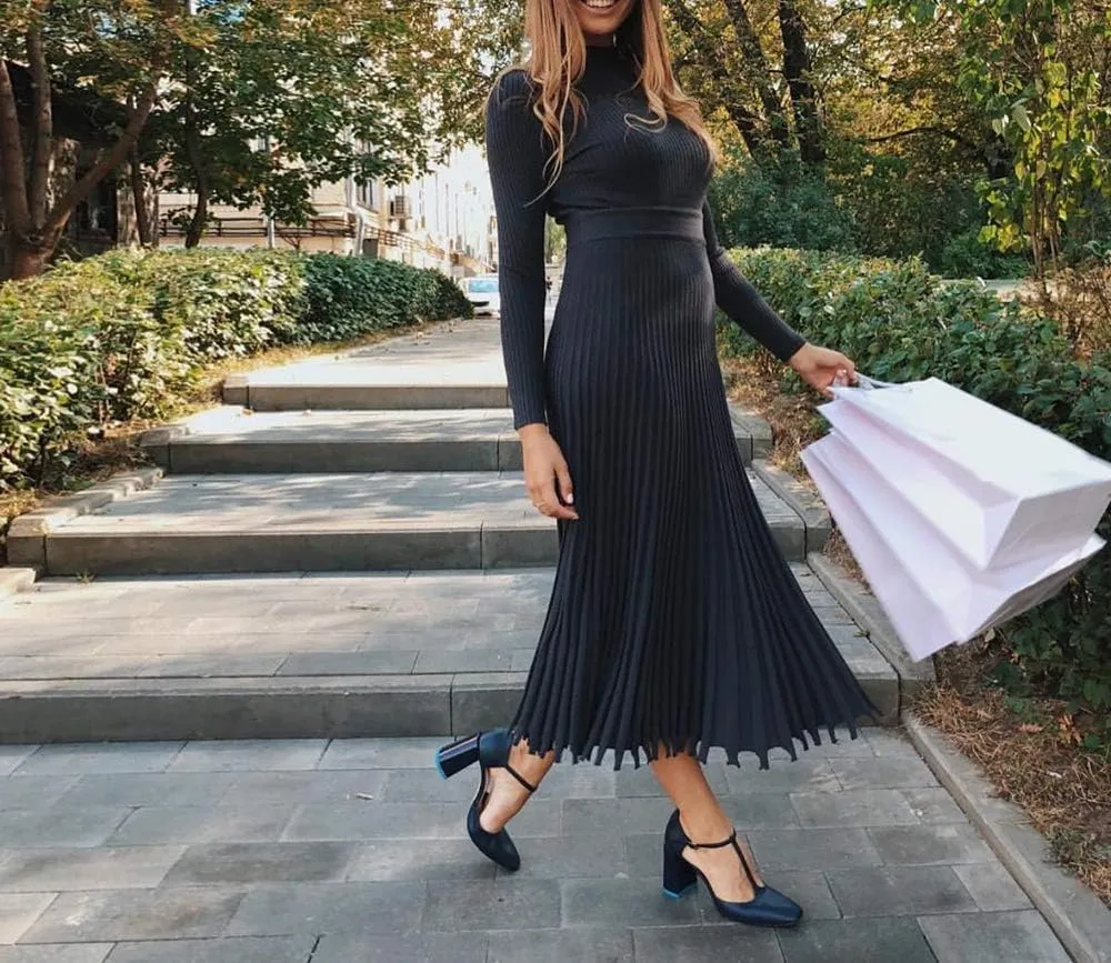 VERWIN Mid-Calf Pleated Dress Nine Points Sleeve Pullover Women's Maxi Dress Knit Dress Sweater Dress