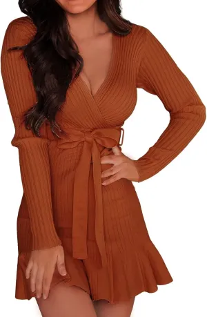 VIMPUNEC Fall Tie Waist Sweater Dress Elegant V-Neck Wrap Dress Knit Mini Dress